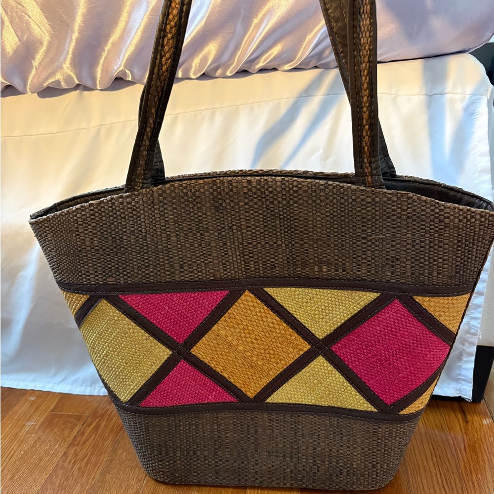 Brown Tote Bag with Pink and Yellow Accents
